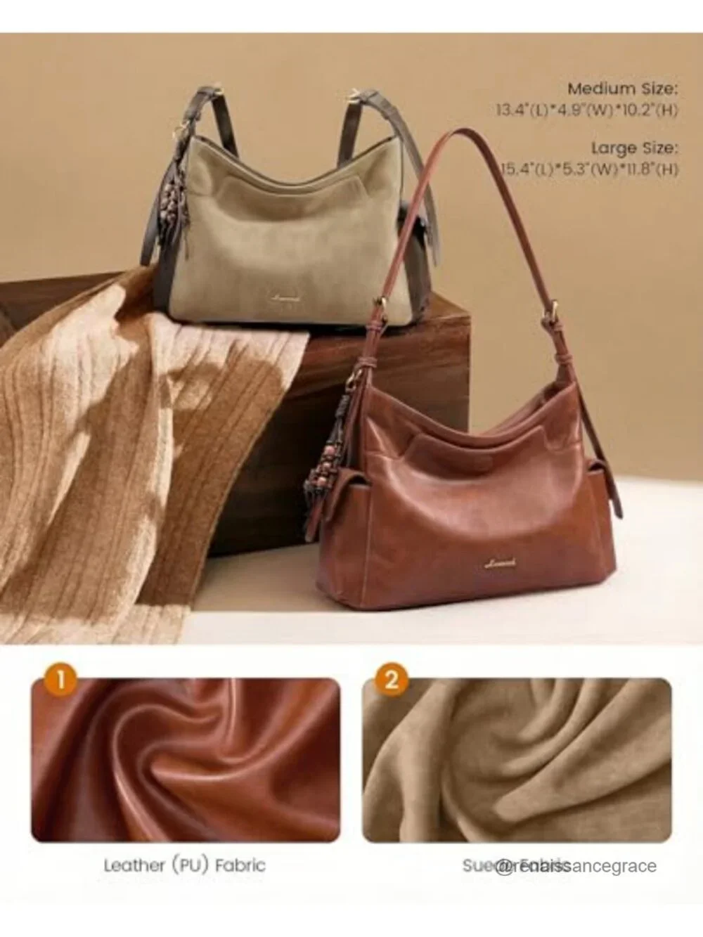 Soft Faux Leather Hobo Purse with Tassel Charms, Crossbody Shoulder Bag for
